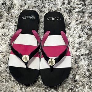 Ralph Lauren Pink and Black Sandals with Metallic Embellishment